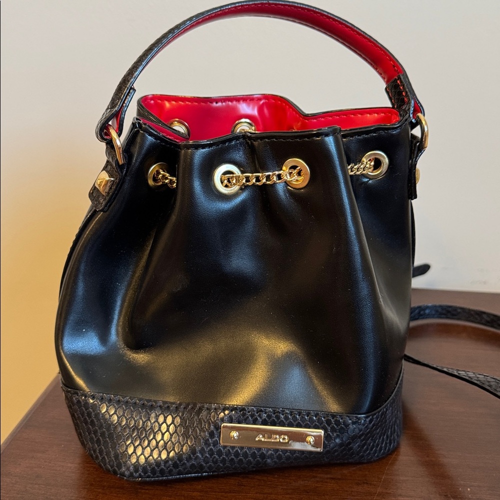 Aldo Black and Gold Snake Studded Bucket Bag with Crossbody Strap - Picture 7 of 12